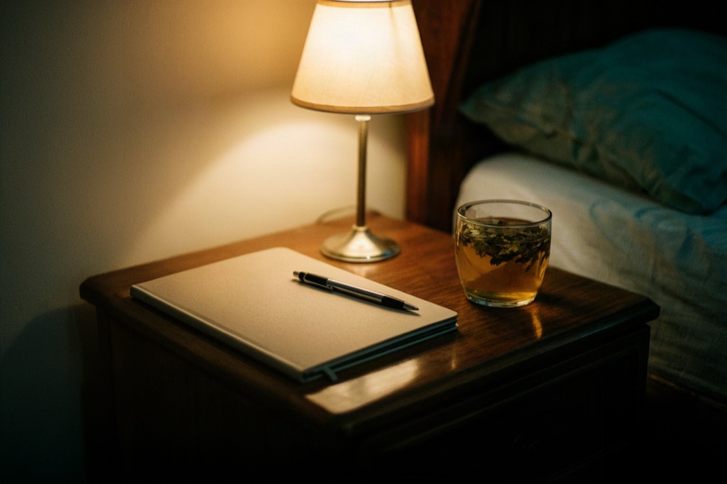 Komodinin üzerinde kapalı bir defter, kalem ve ıhlamur çayı dolu cam bardak, gece lambası ışığında